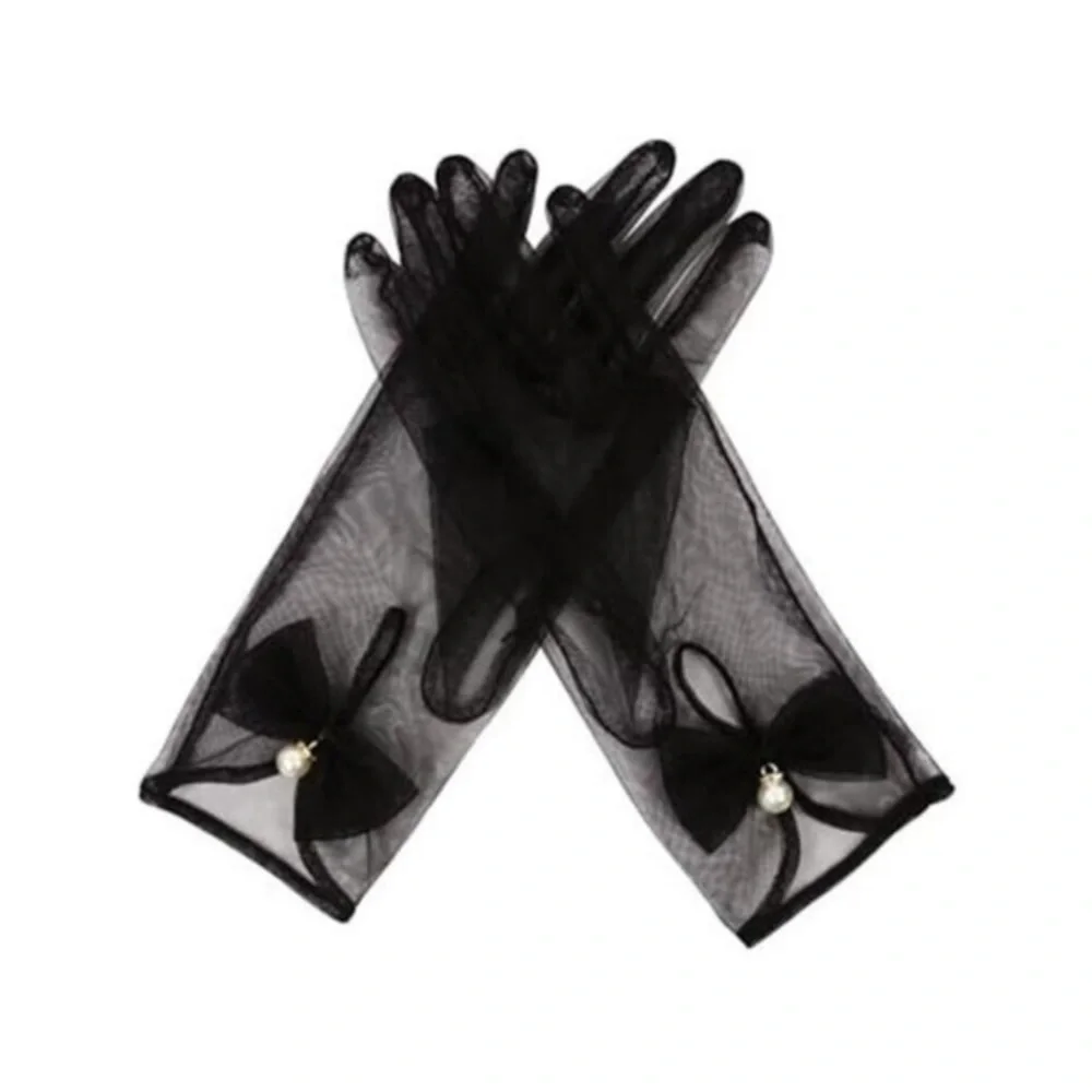 Women's black Bow Tea Party Gloves Sheer Gloves Elegant Mesh Short Glove